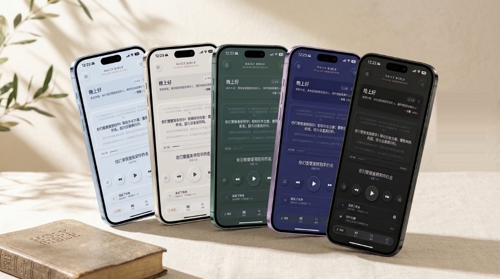 歌唱圣经 5 套不同色彩页面在真实画布与 iPhone 真机呈现:天青冰蓝、晨曦暖白、苍水湖绿、暮色深靛、黑曜暗夜